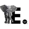 Enora Magazine square logo with black and white striped elephant, a capital E and a large period.